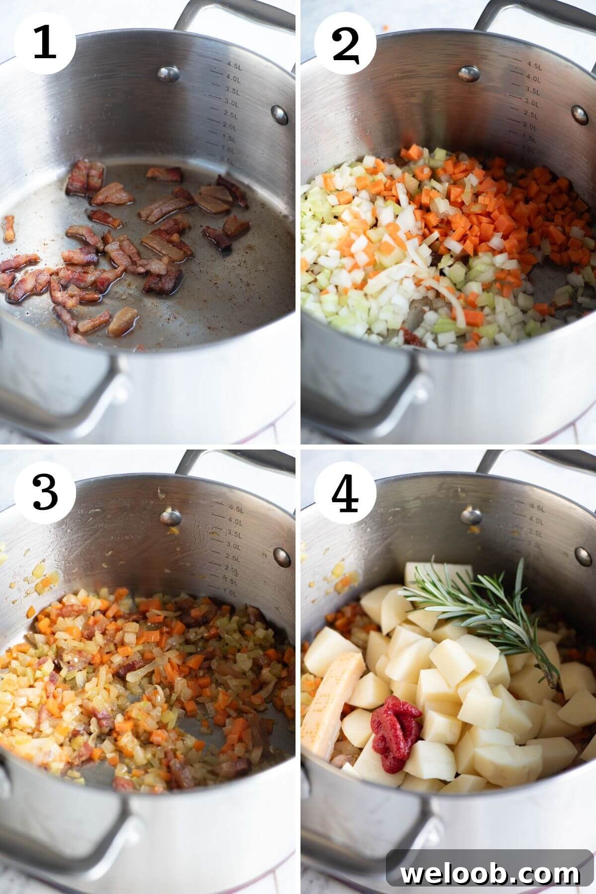 Four photos in a collage showing how to saute guanciale and vegetables.