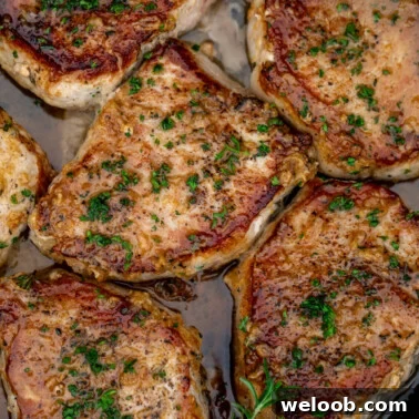 Square image of pan seared boneless pork chops.
