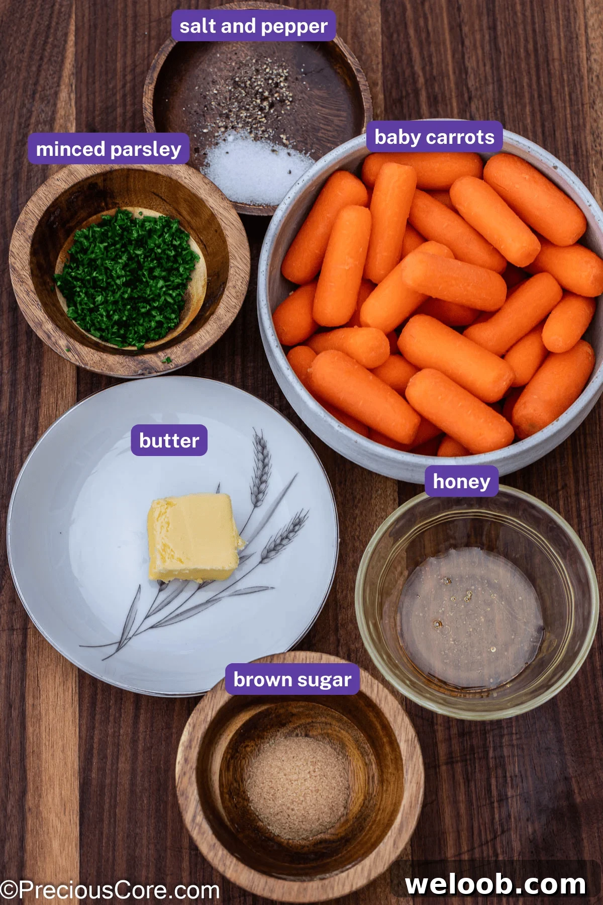 Brown sugar honey glazed carrots ingredients with labels.