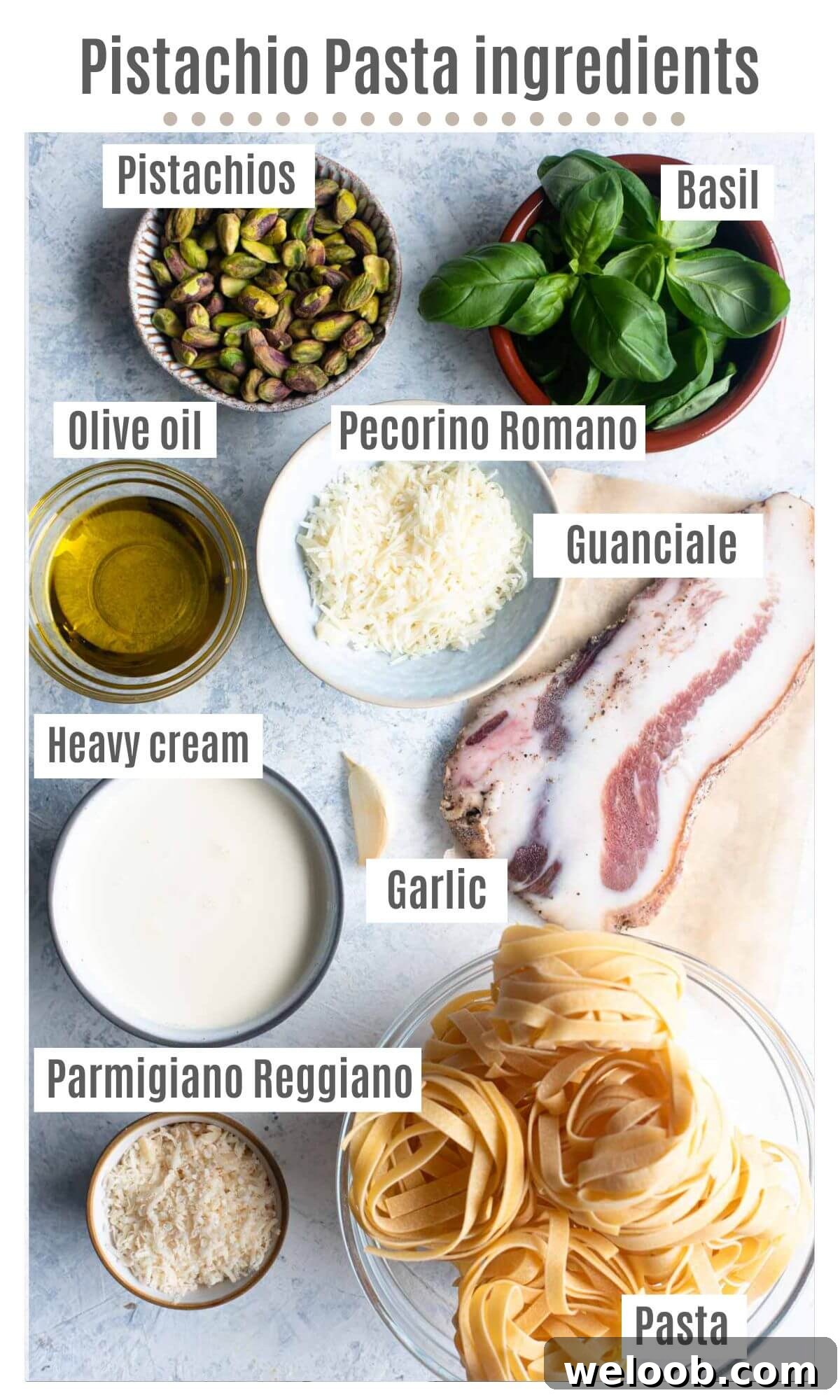 An overhead shot of all the ingredients you need to make a creamy pistachio pasta with guanciale.