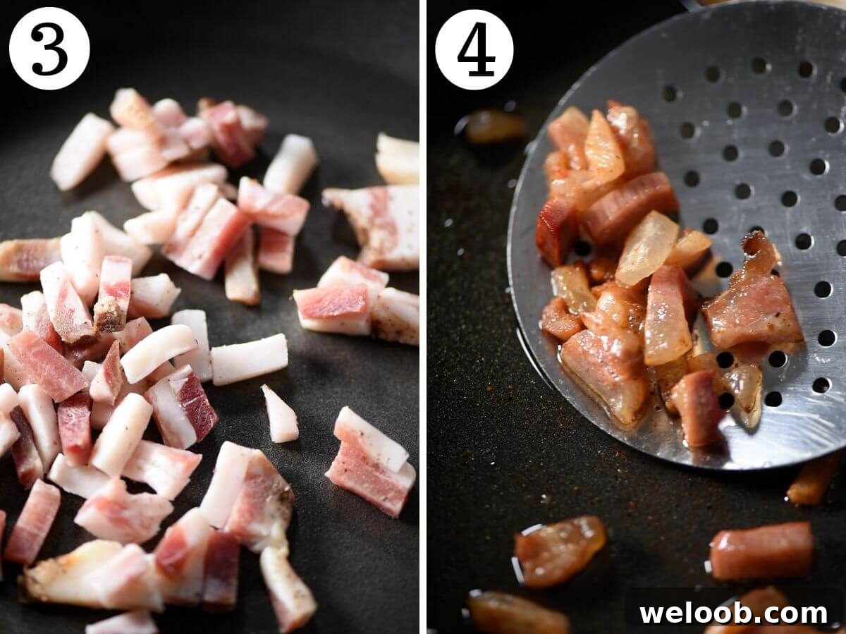 Two photos in a collage showing guanciale before and after frying.