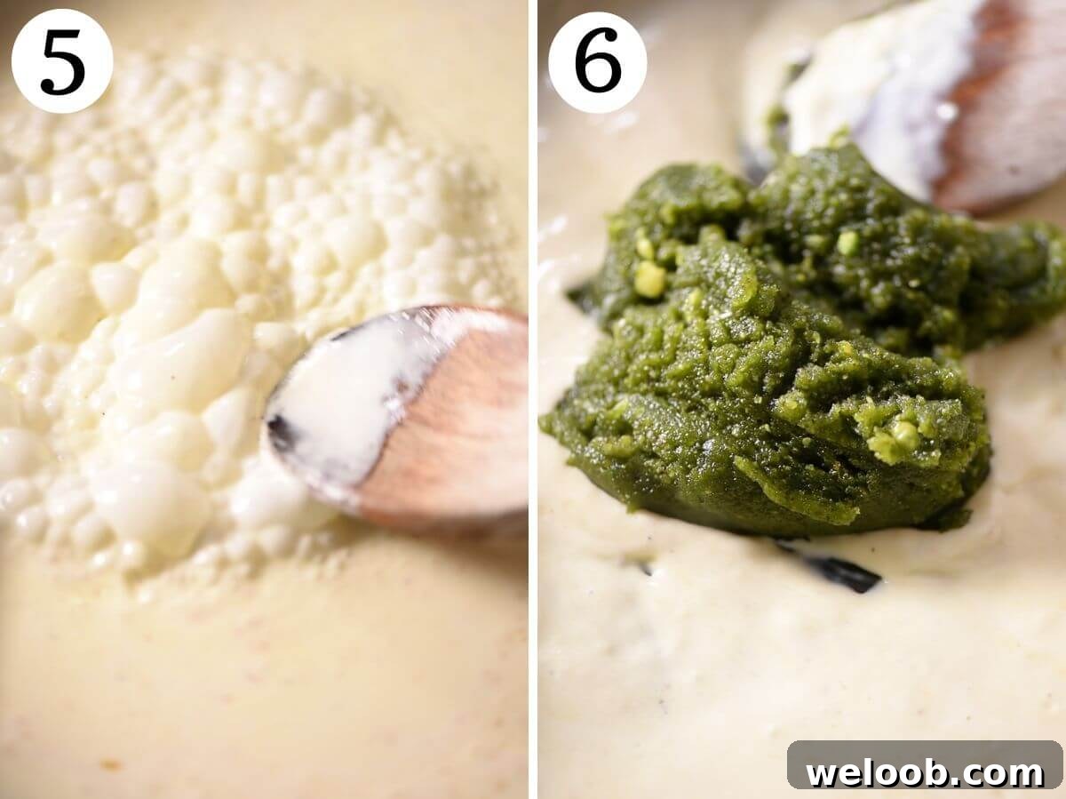 Two photos in a collage showing how to make a pistachio cream sauce.
