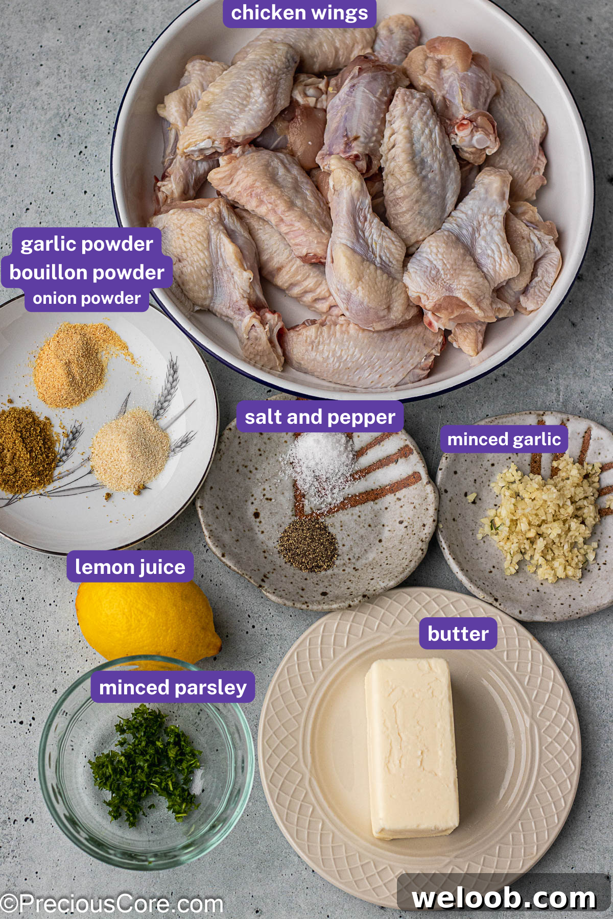 Ingredients for garlic butter chicken wings with labels to explain each ingredient.