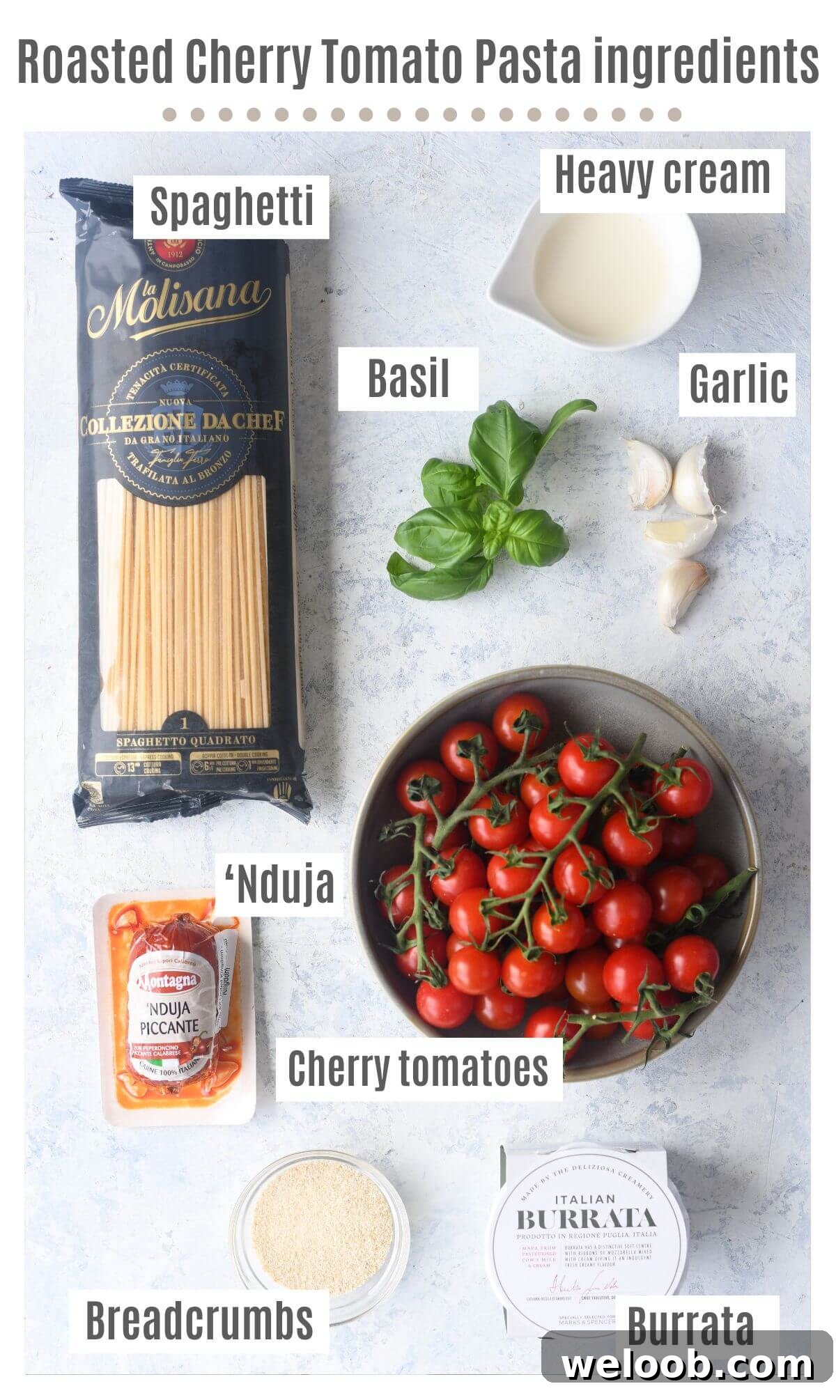 An overhead shot of all the ingredients needed to make roasted cherry tomato spaghetti with burrata and 'Nduja.
