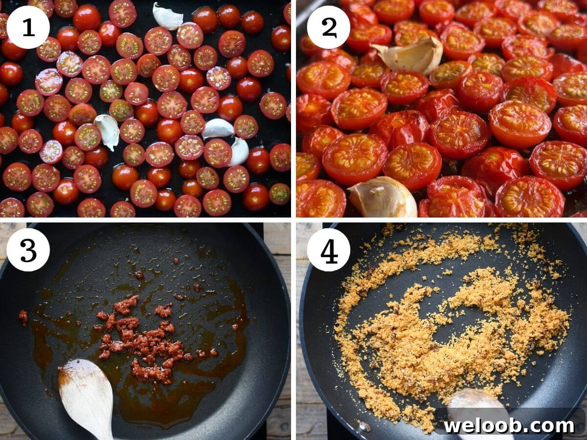 Four photos in a collage showing cherry tomatoes before and after roasted and how to make Nduja breadcrumbs.