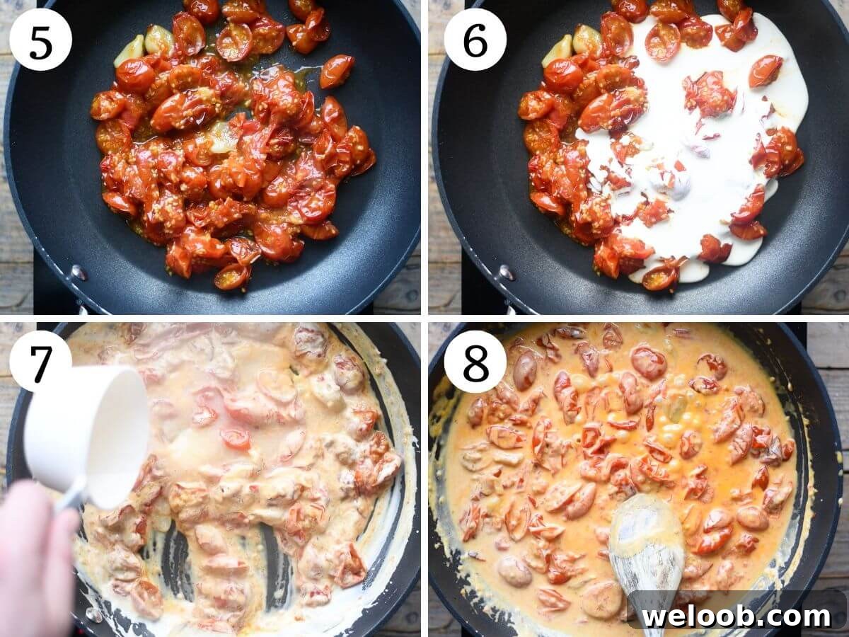 Four photos in a collage showing how to make roasted cherry tomato sauce with cream and garlic.