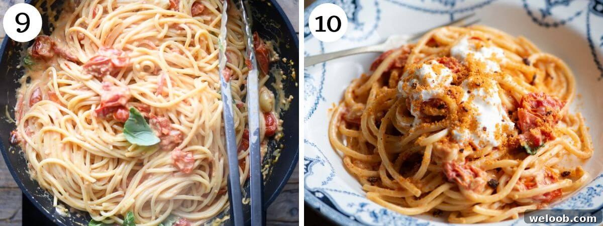 Two photos in a collage showing spaghetti being added to a roasted cherry tomato sauce and topped with burrata and breadcrumbs.