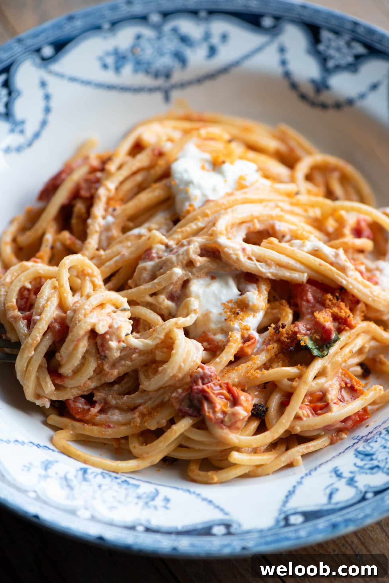 A close up of roasted cherry tomato spaghetti topped with burrata and Nduja breadcrumbs.