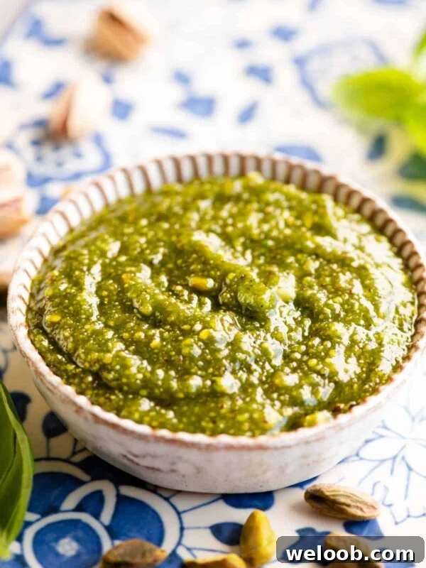 Pistachio pesto in a small round dish sitting on a blue patterned board.
