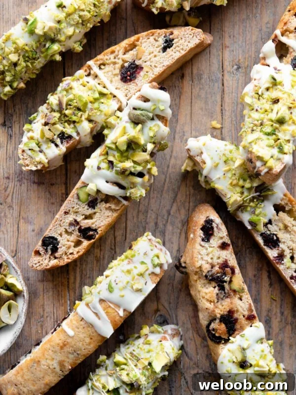 An overhead shot of cranberry and pistachio biscotti on a wooden background drizzled with white chocolate