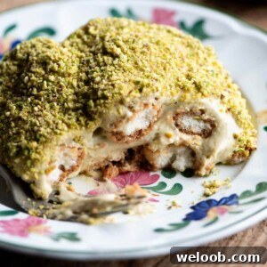 A close up of a slice of pistachio tiramisu on a floral plate.