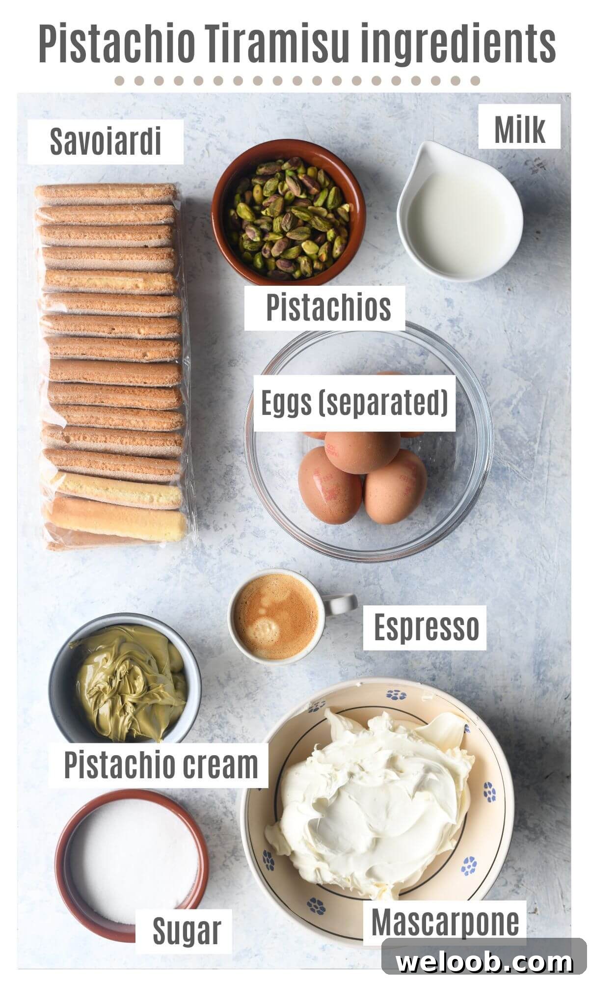 An overhead shot of all the ingredients needed to make Pistachio Tiramisu.
