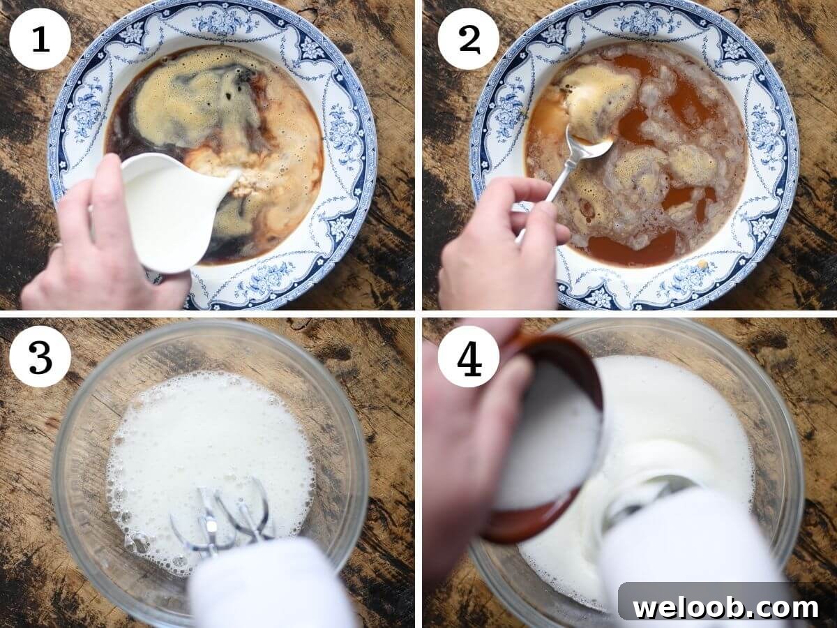 Four photos in a collage showing how to prepare a coffee mixture and whip egg whites for Tiramisu.
