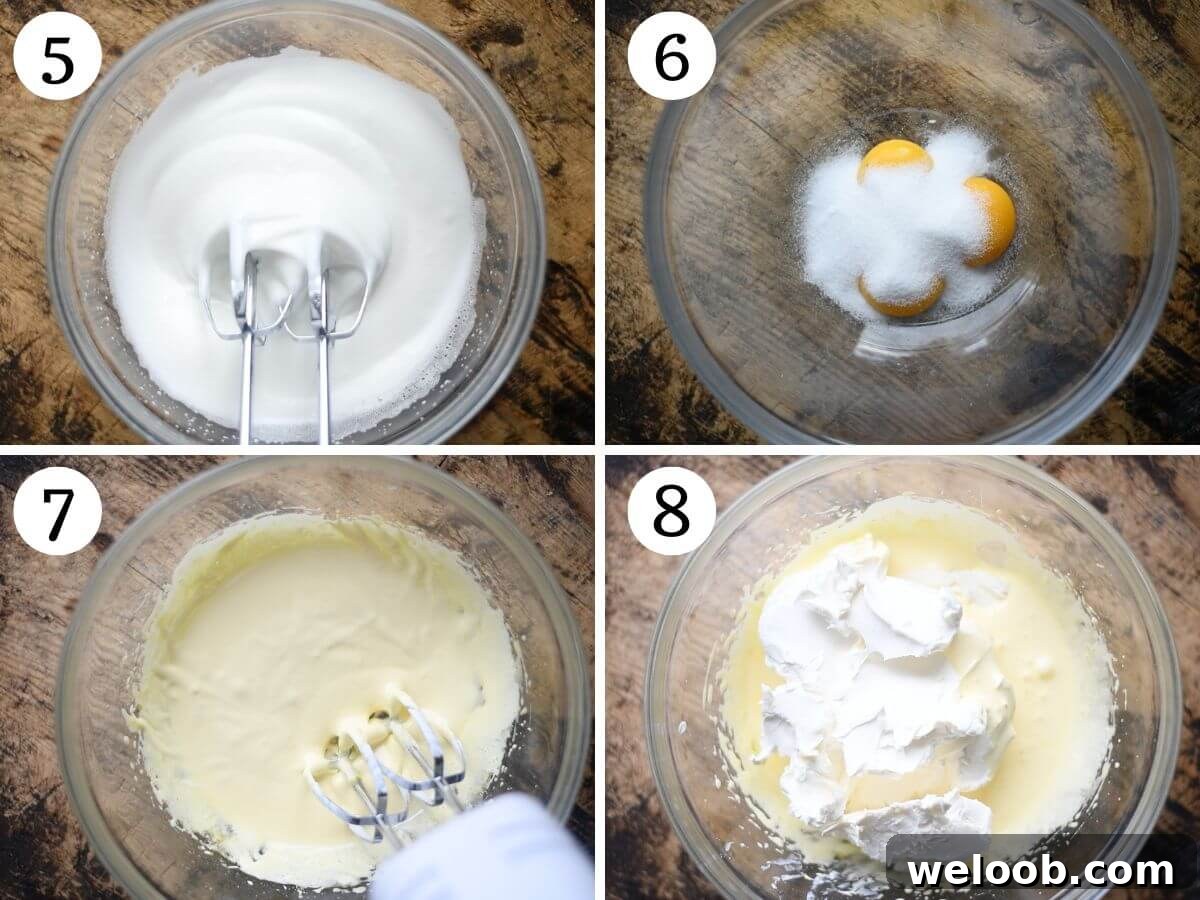 Four photos in a collage showing how to whip egg whites and egg yolks separately.