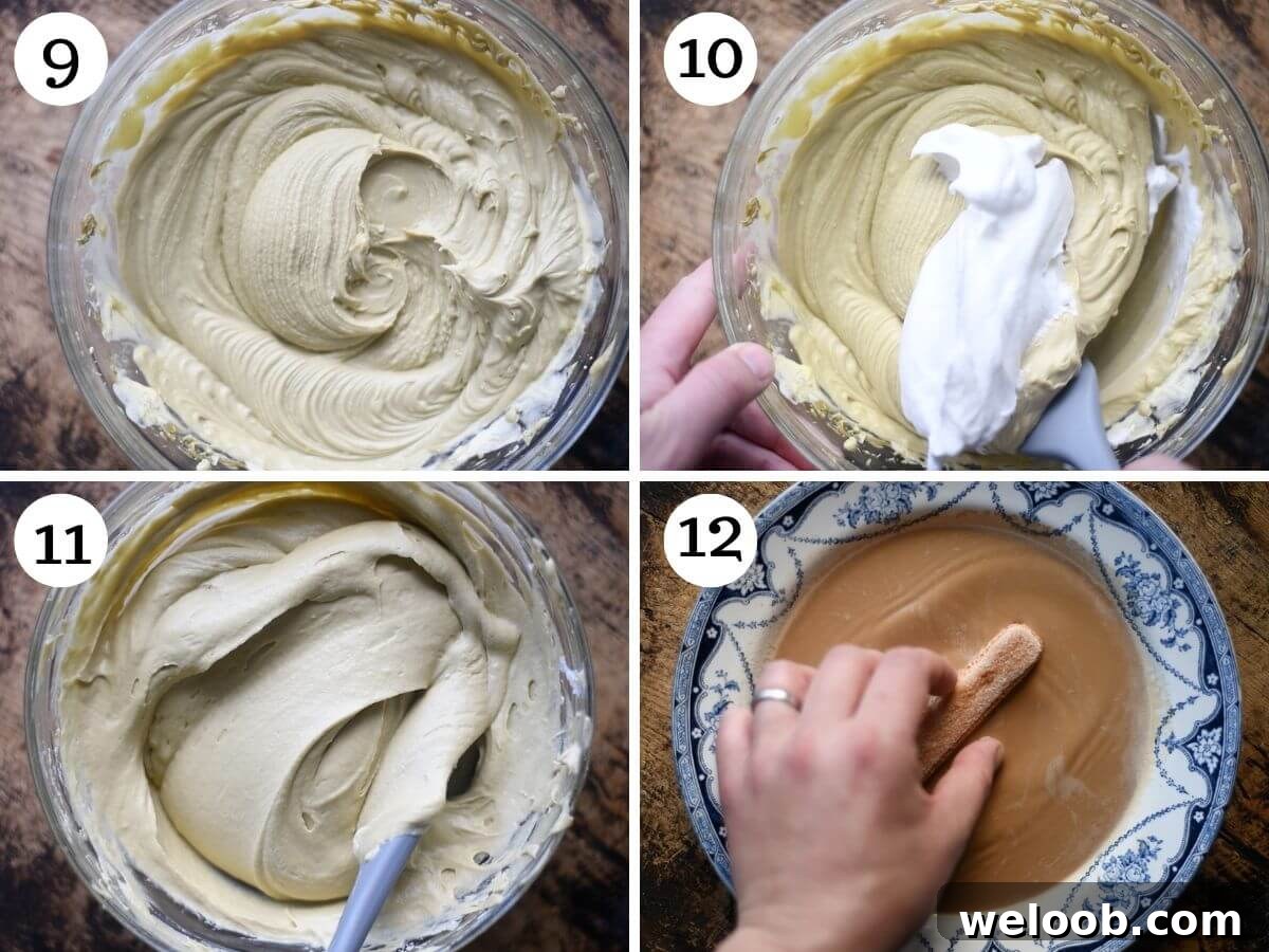 Four photos in a collage showing how to make a pistachio cream filling for Pistachio Tiramisu.