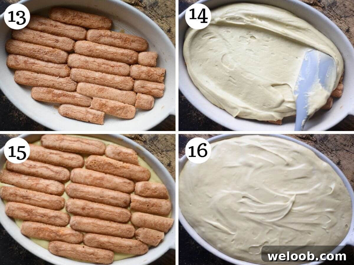 Four photos in a collage showing how to assemble Pistachio Tiramisu.