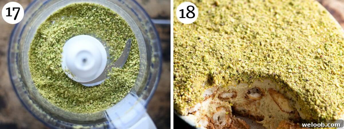 Two photos in a collage showing pistachios blitzed in a food processor.