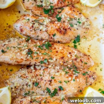 4 baked tilapia fillets in a pan.