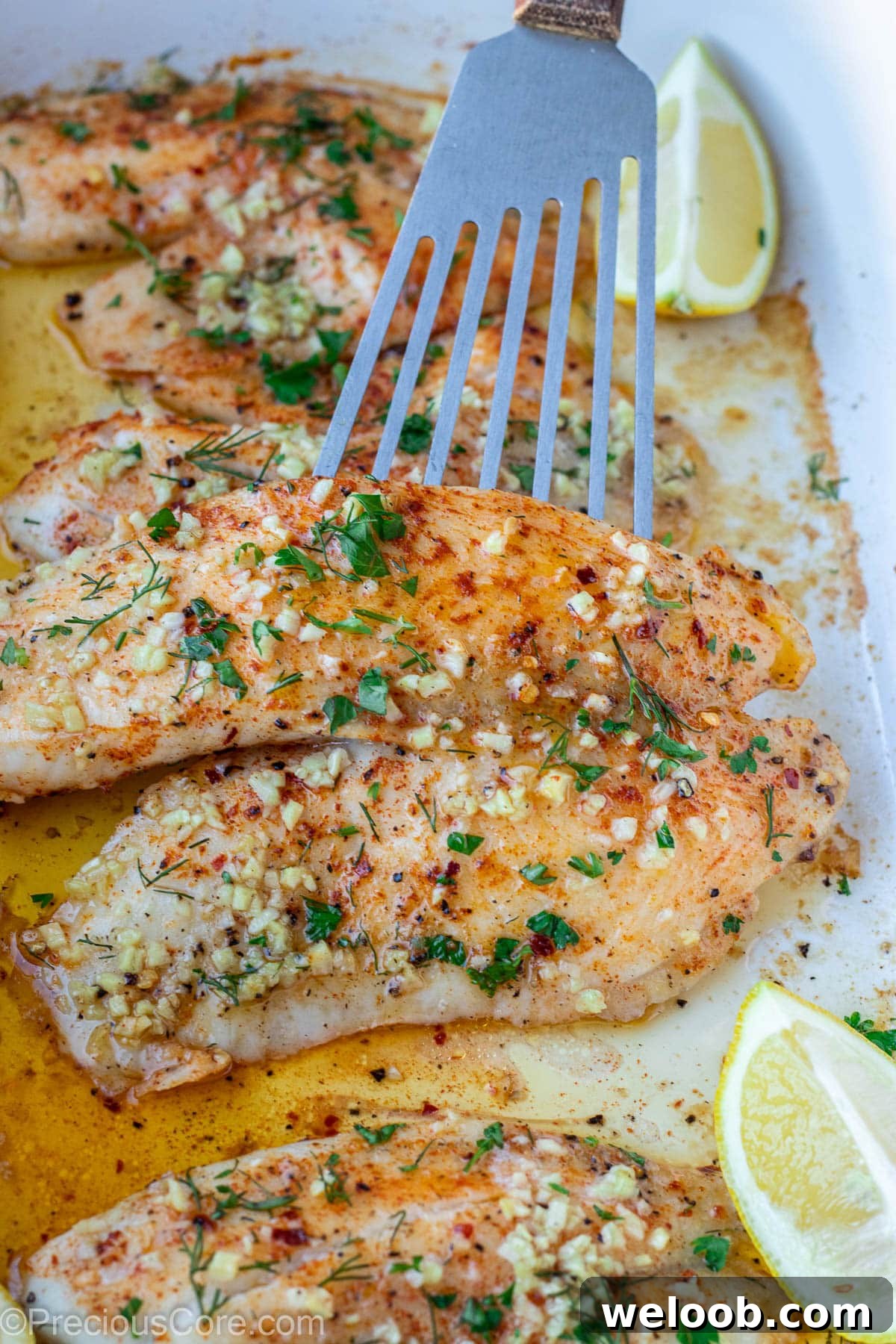 Tilapia fillet with garlic butter on top.