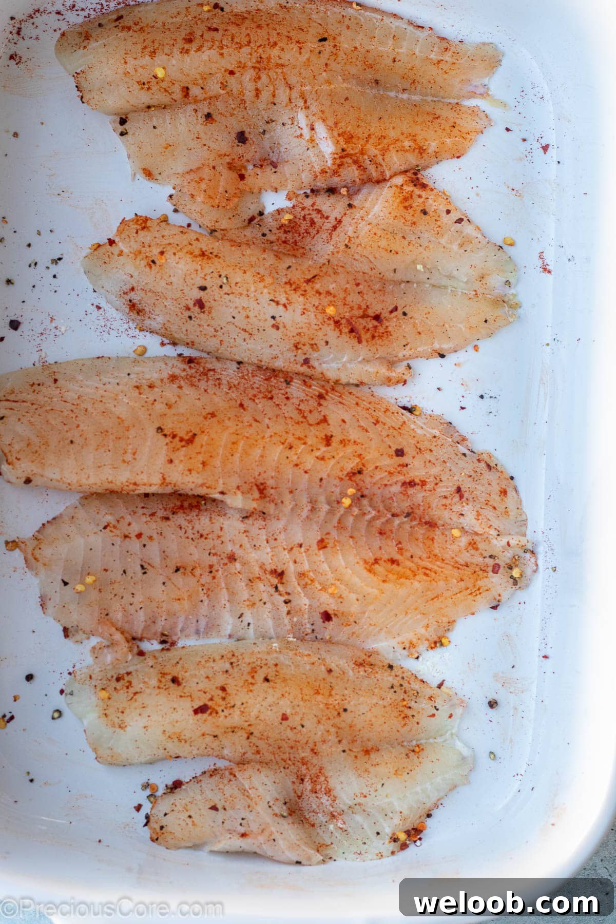 Seasoned tilapia fillets in a bowl.
