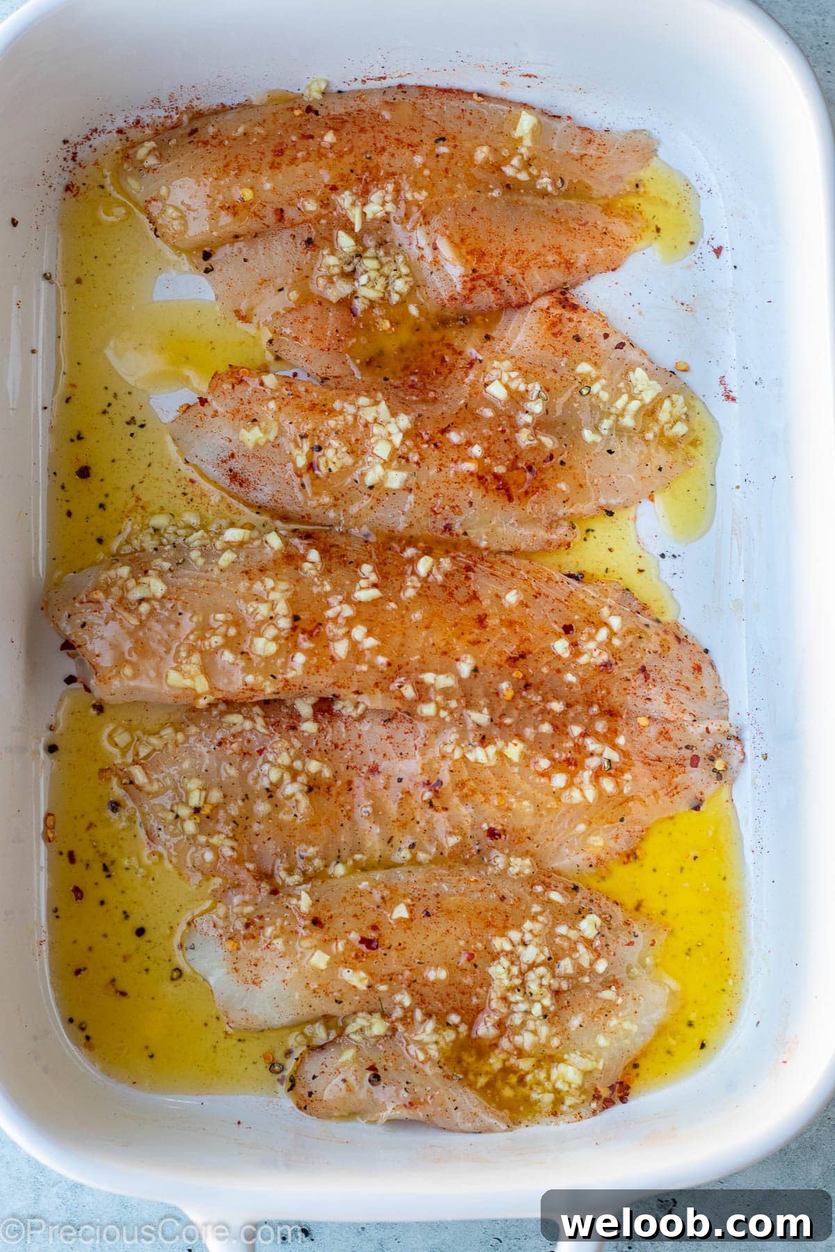 Raw fish fillets covered with garlic butter sauce.