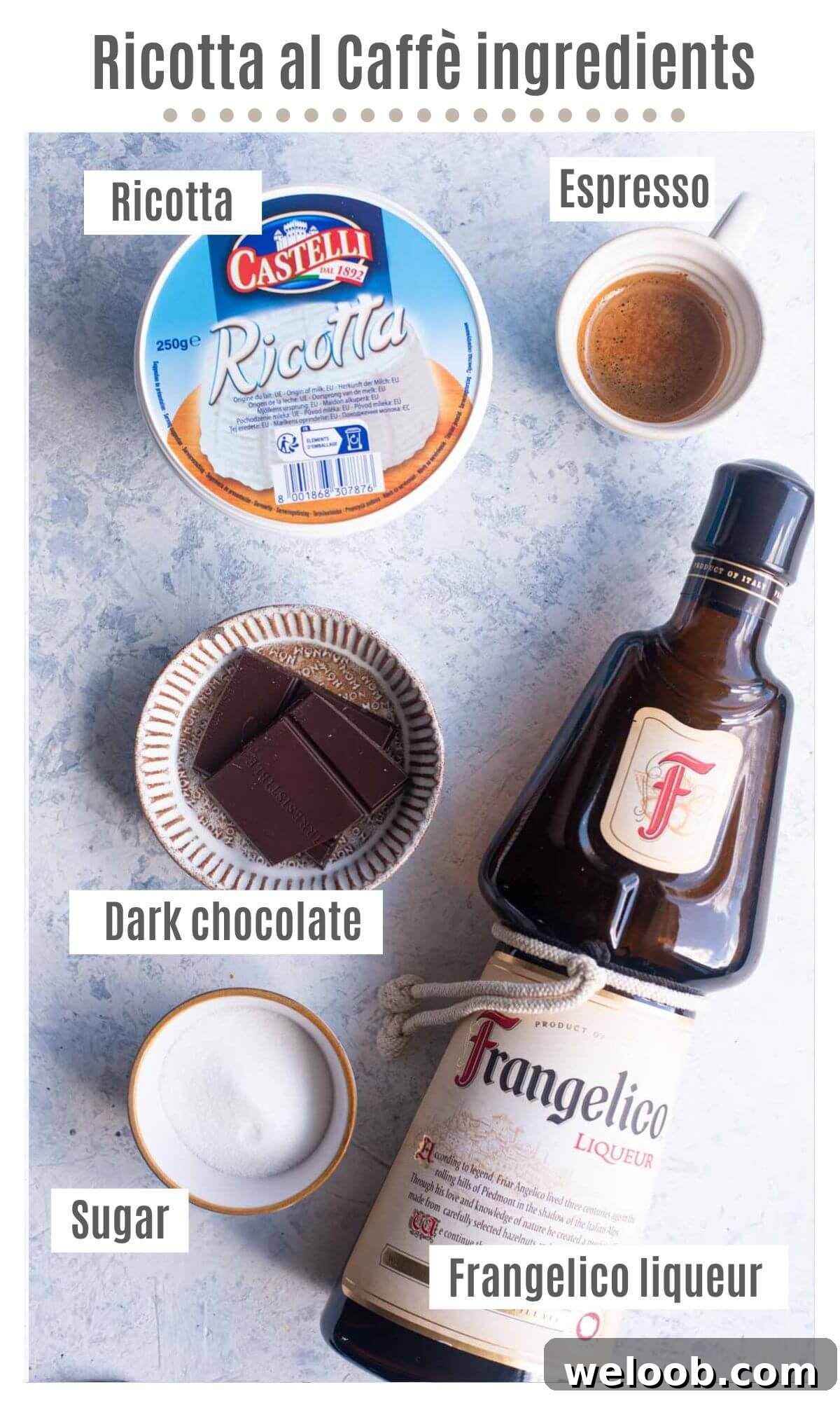 An overhead shot of all the ingredients to make ricotta al caffe.