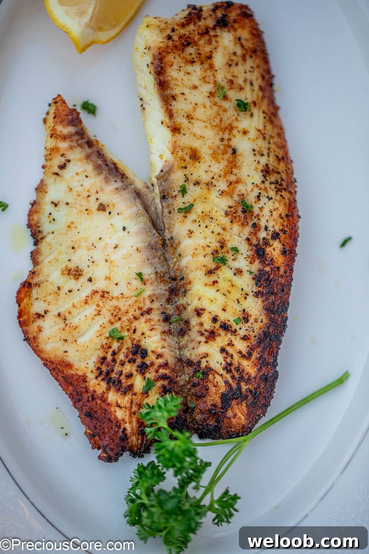 A cooked fish fillet garnished with minced parsley.