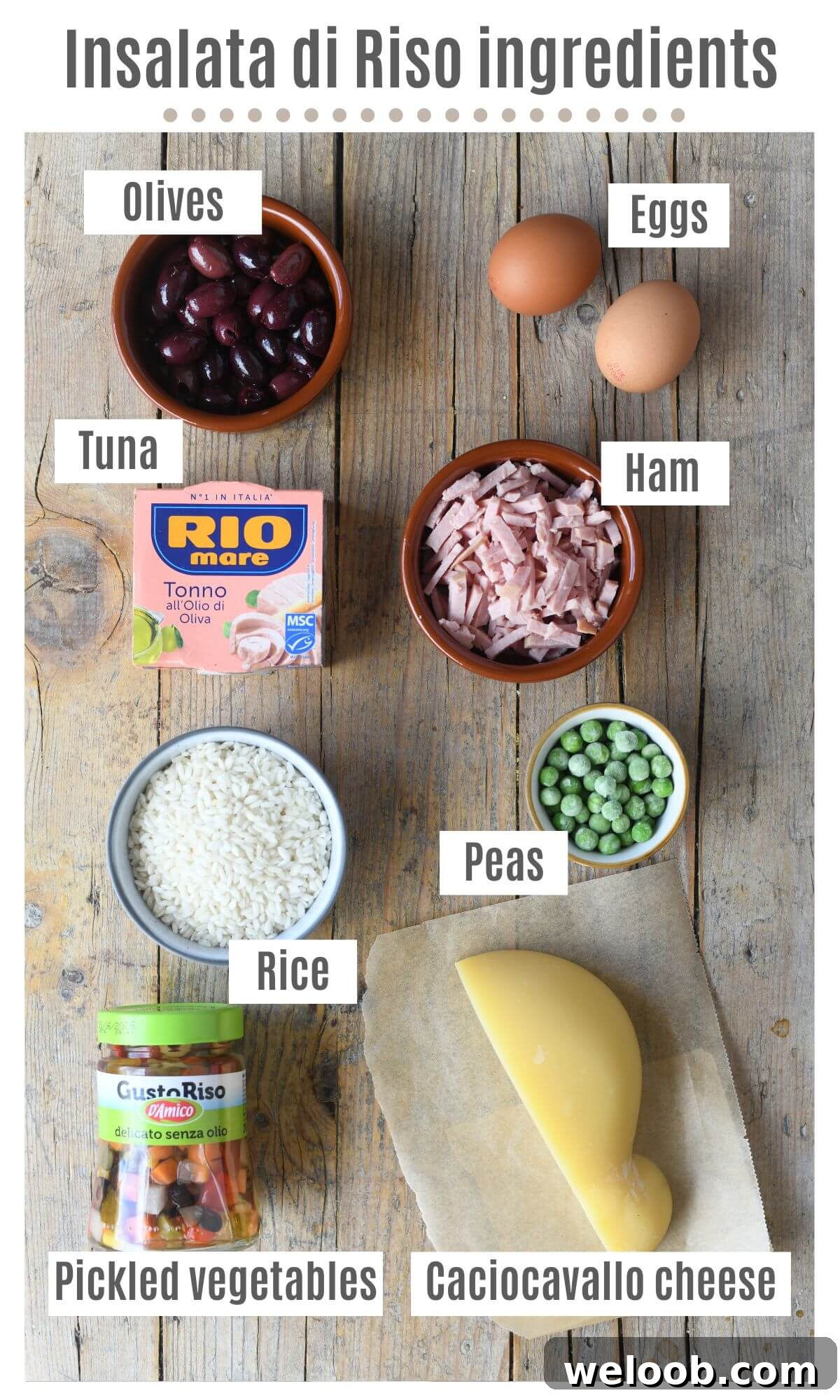 An overhead shot of all the ingredients needed to make an Italian rice salad.
