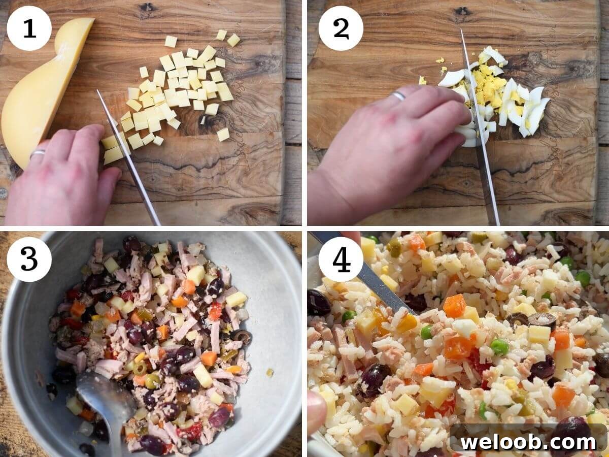 Four photos in a collage showing how to make an Italian rice salad.