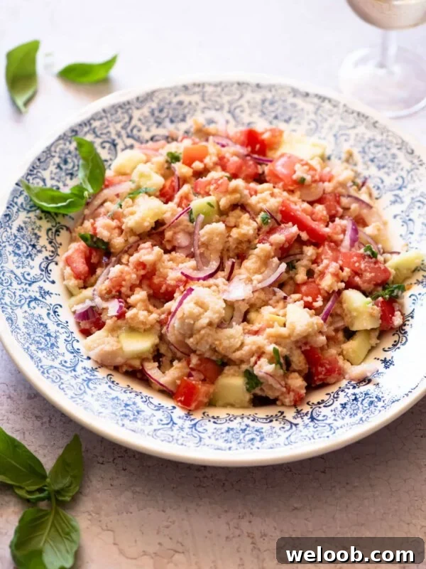 Authentic Tuscan Panzanella Salad in a blue patterned bowl with basil around.
