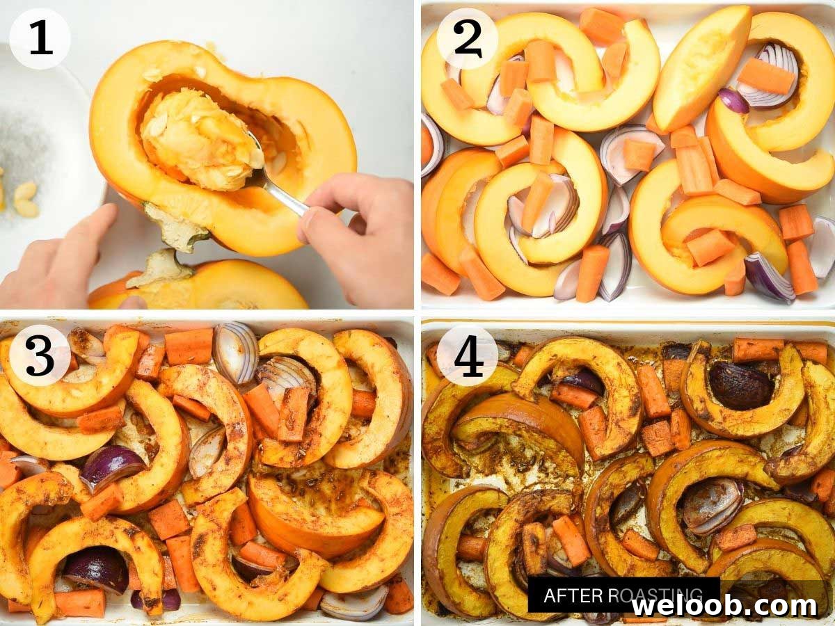 Step by step photos showing how to deseed and roast a pumpkin
