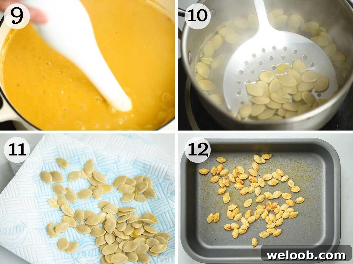 Step by step photos showing how to toast pumpkin seeds