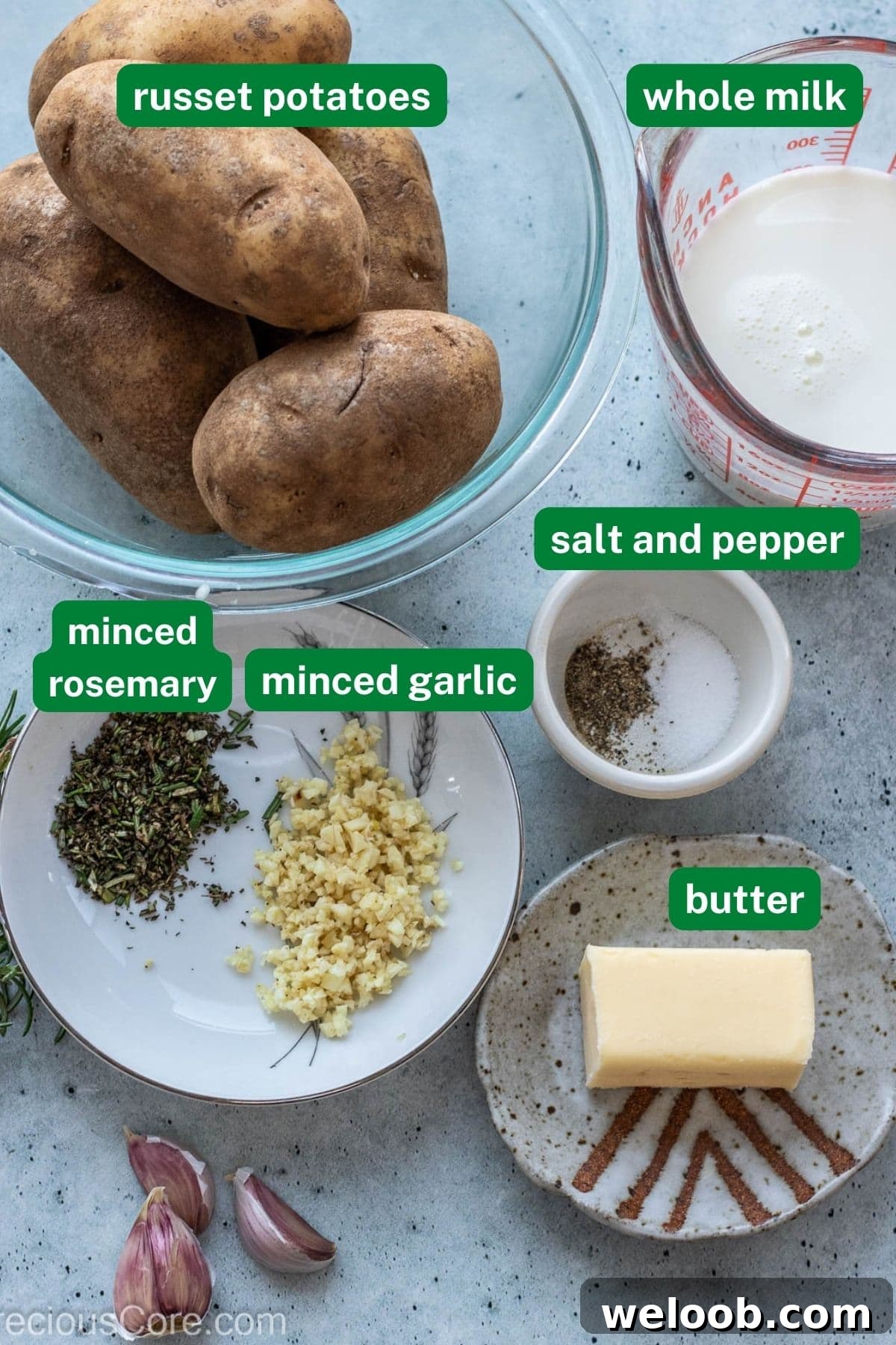 Potatoes, milk, minced garlic and rosemary. salt and pepper, and butter.