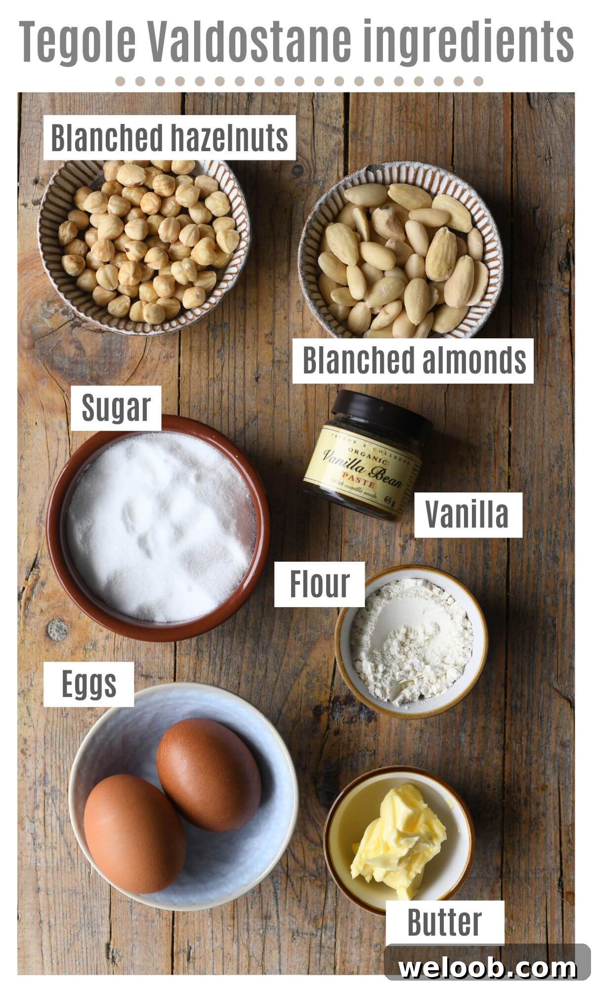 An overhead shot of all the ingredients needed to make Tegole Valdostane cookies.
