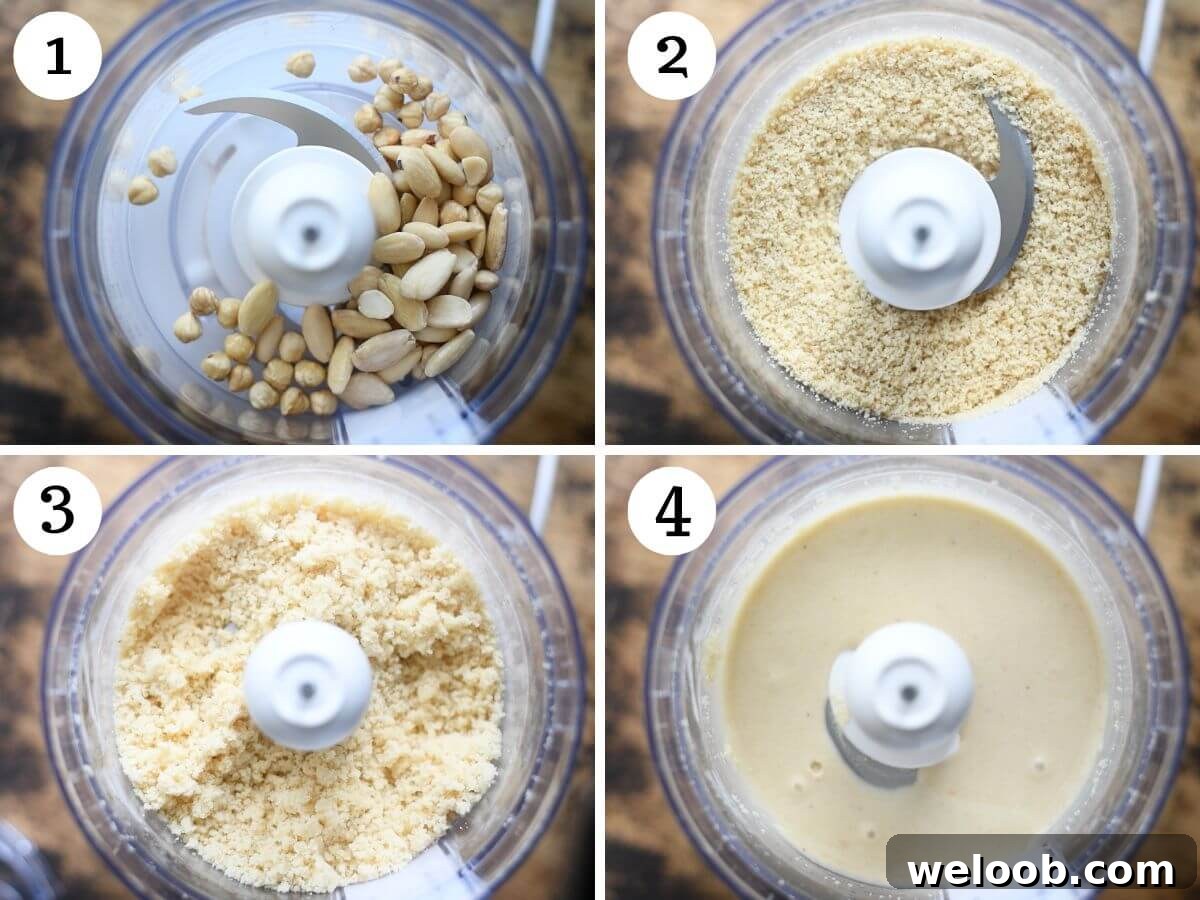 Four photos in a collage showing how to make Tegole Valdostane batter in a food processor.