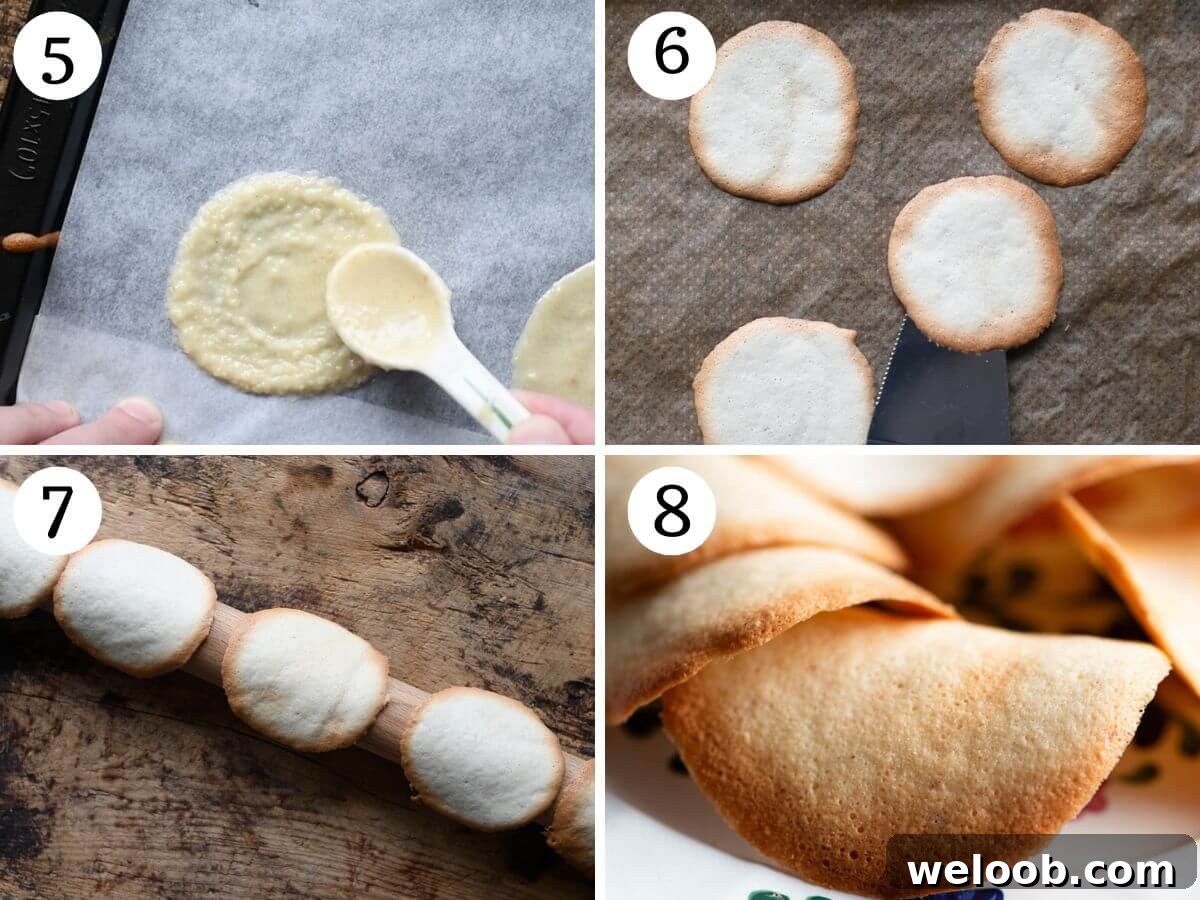 Four photos in a collage showing how to spread out cookies and bake them.