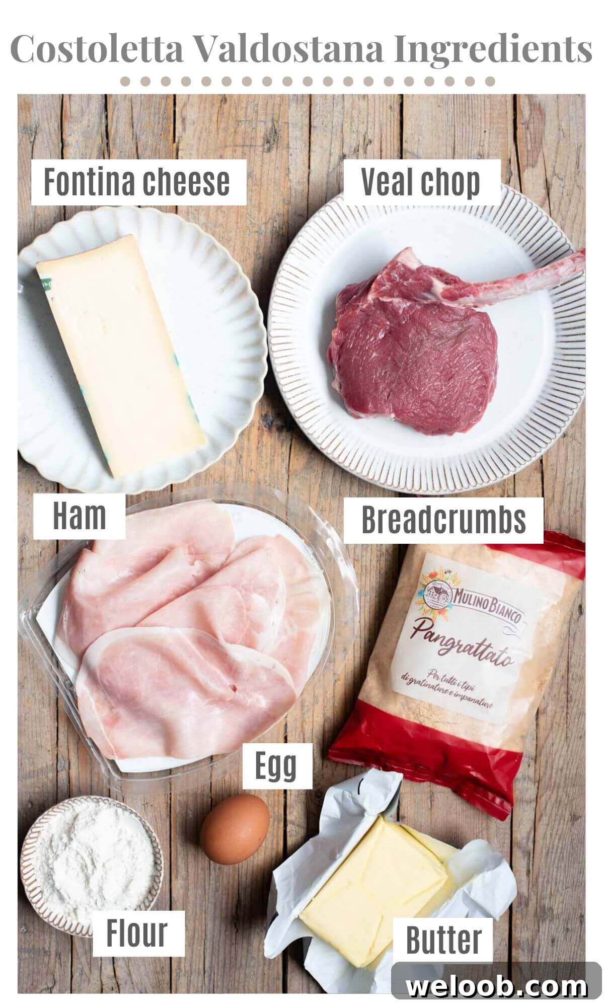 An overhead shot of all the ingredients needed to make a breaded and stuffed Italian veal chop called Costoletta alla Valdostana.