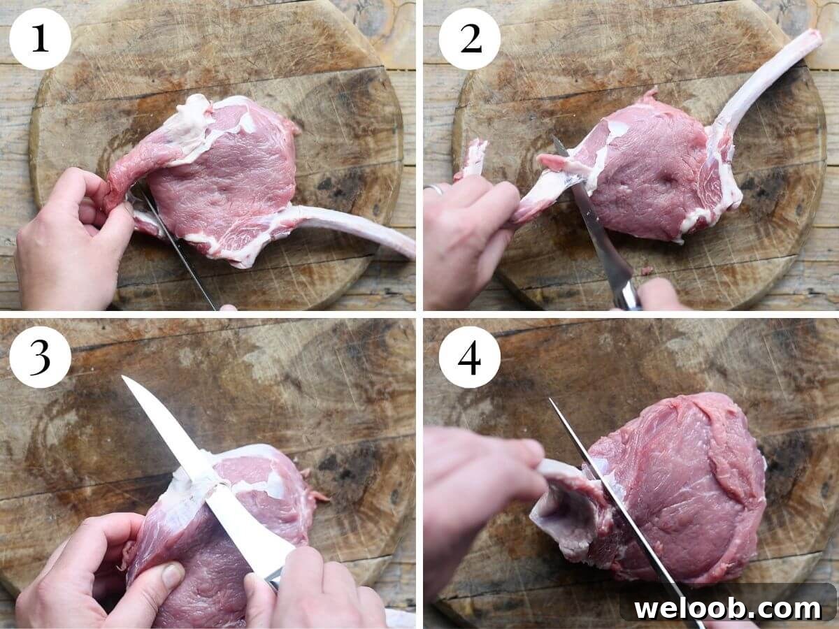 Four photos in a collage showing how to trim sliverskin from a veal chop.