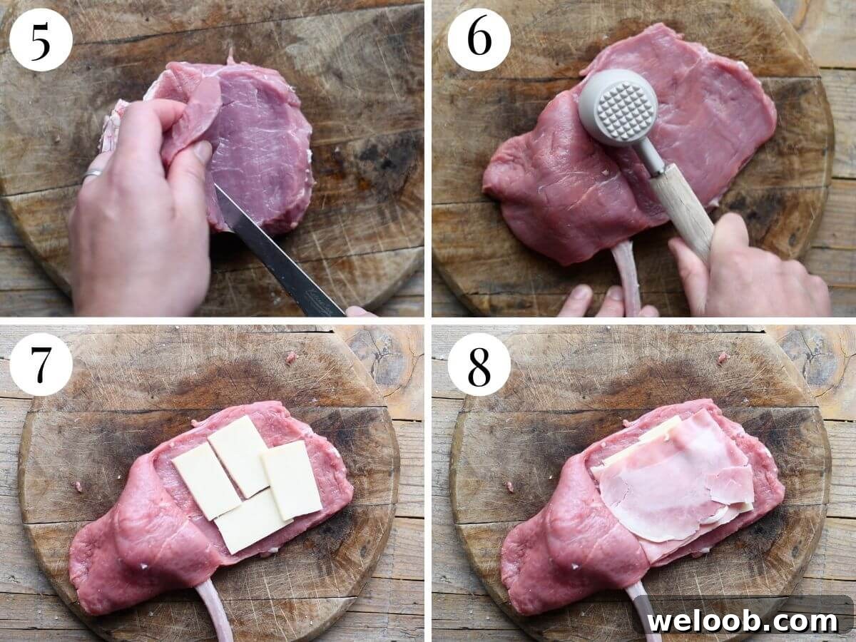Four photos in a collage showing how to beat a veal chop with a meat mallet and stuff it with ham and cheese.