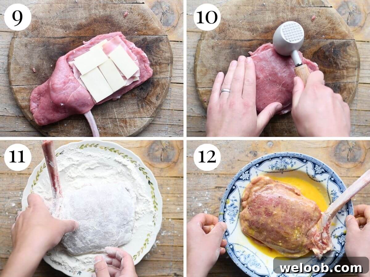 Four photos in a collage showing how to bread a stuffed veal chop.