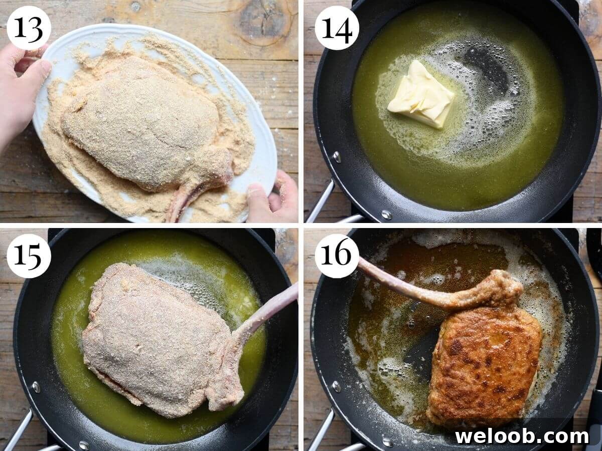 Four photos in a collage showing how to fry a breaded stuffed veal chop in butter.