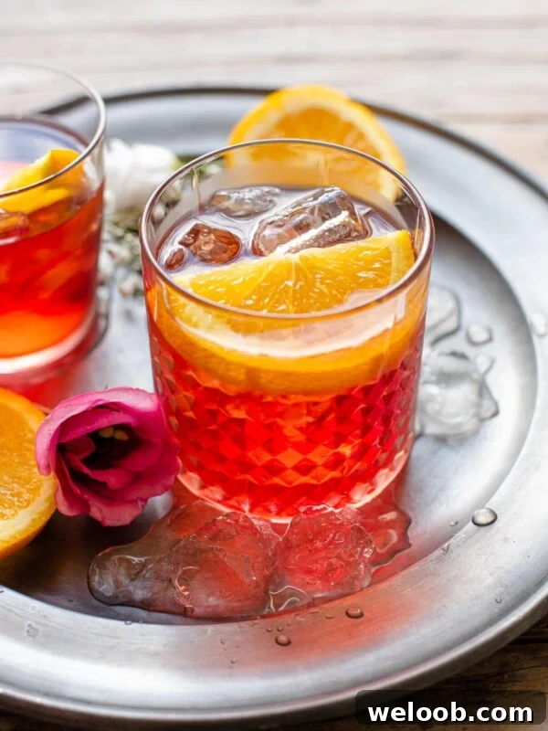 A Negroni cocktail in a glass with a slice of orange