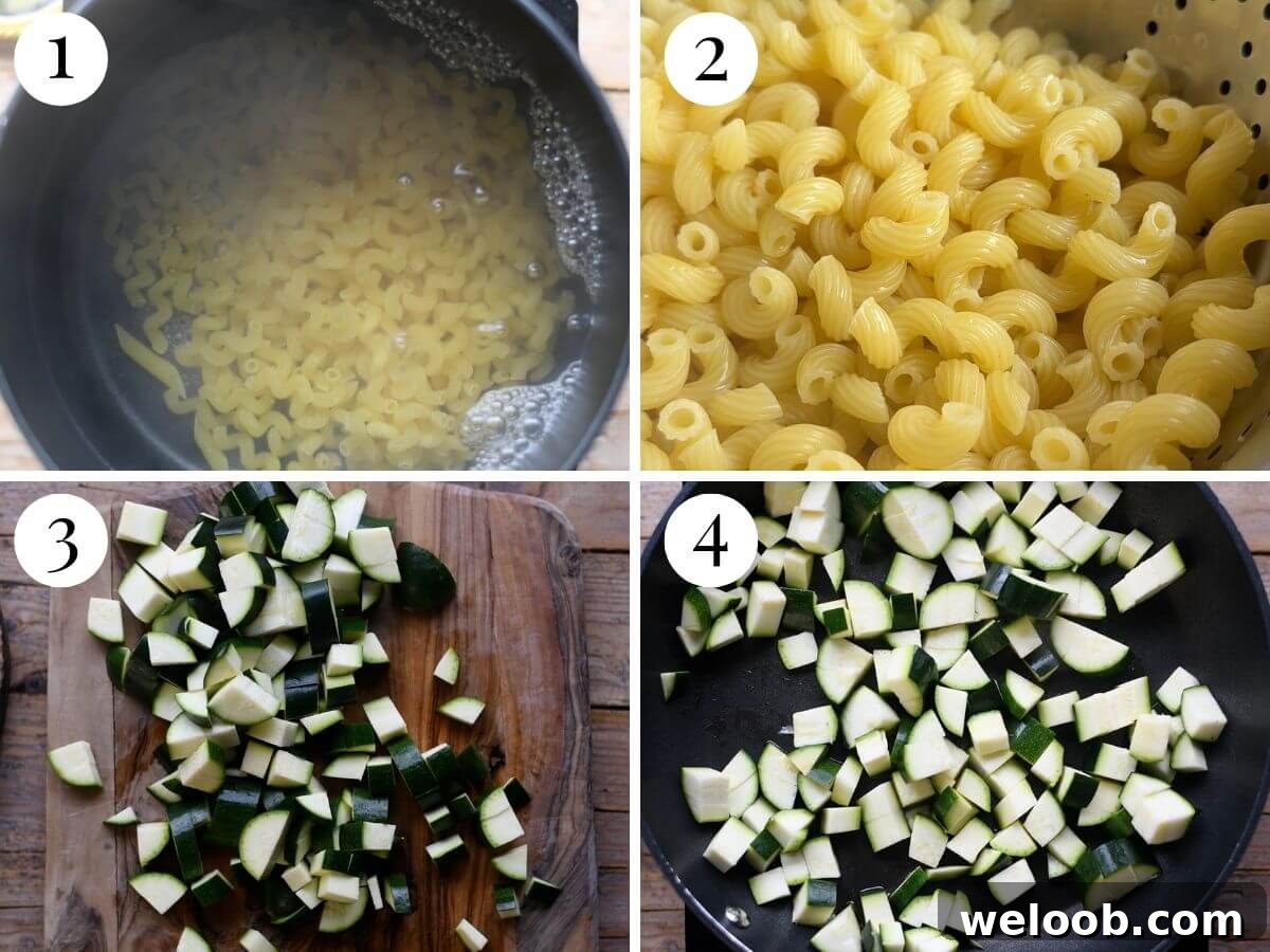 Four photos in a collage showing how to cook pasta and zucchini to make a pasta salad.