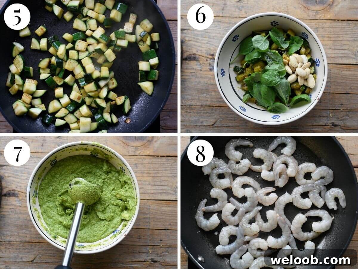 Four photos in a collage showing how to make a zucchini sauce and saute shrimp.