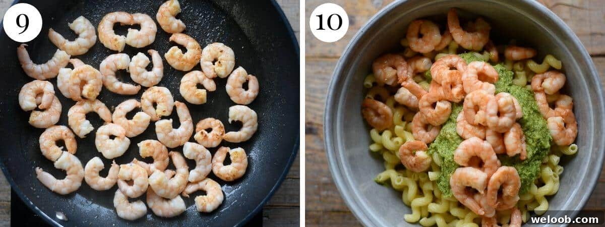 Two photos in a collage showing cooked shrimp getting mixed into a pasta salad.