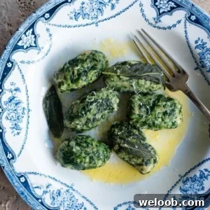 An overhead cropped image of Italian spinach and bread dumplings in a blue and white bowl with a butter sauce.