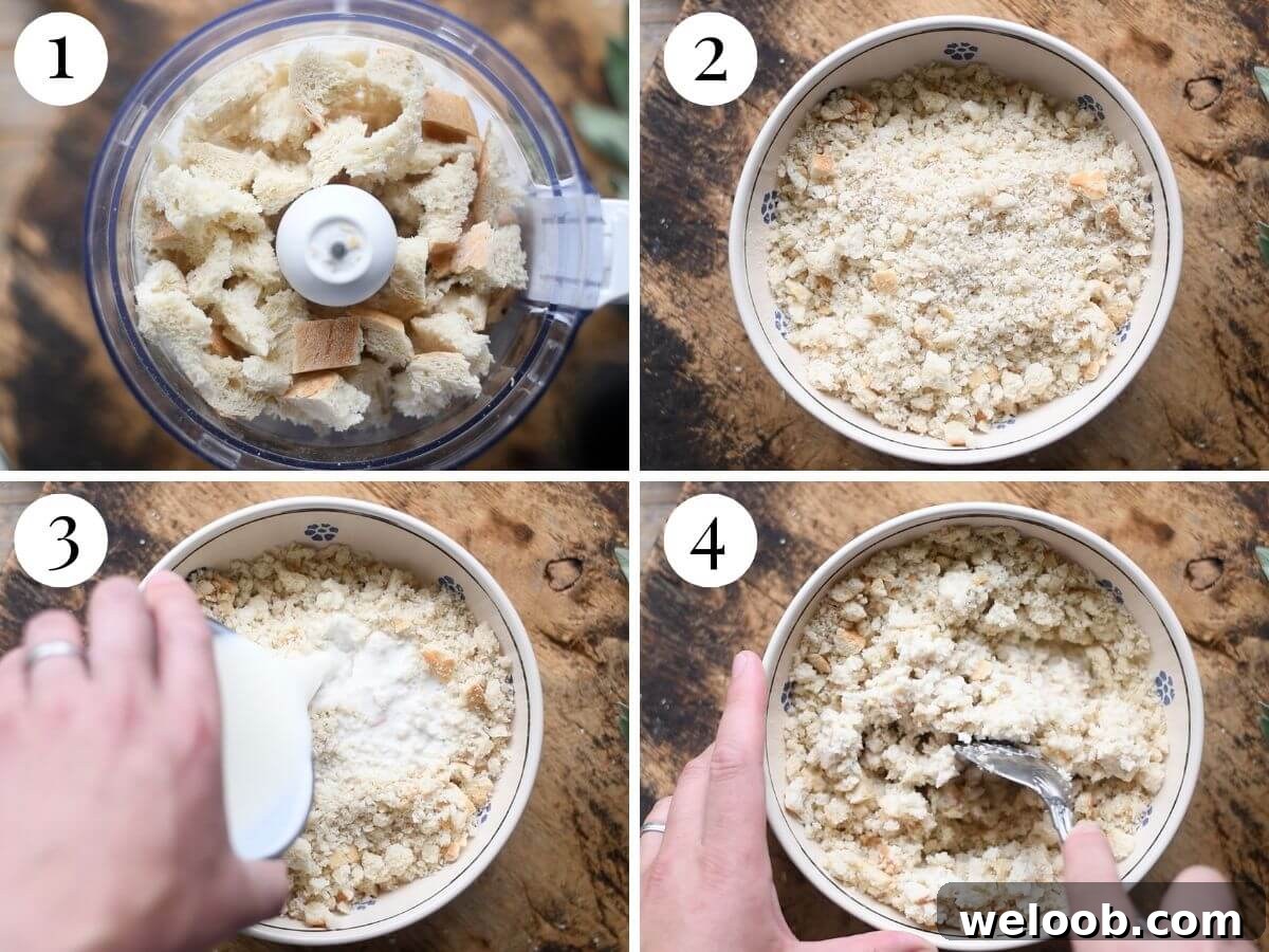 Four photos in a collage showing how to make breadcrumbs soaked in milk.