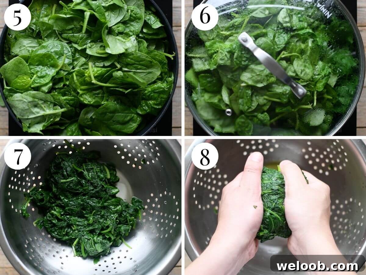 Four photos in a collage showing how to wilt spinach.