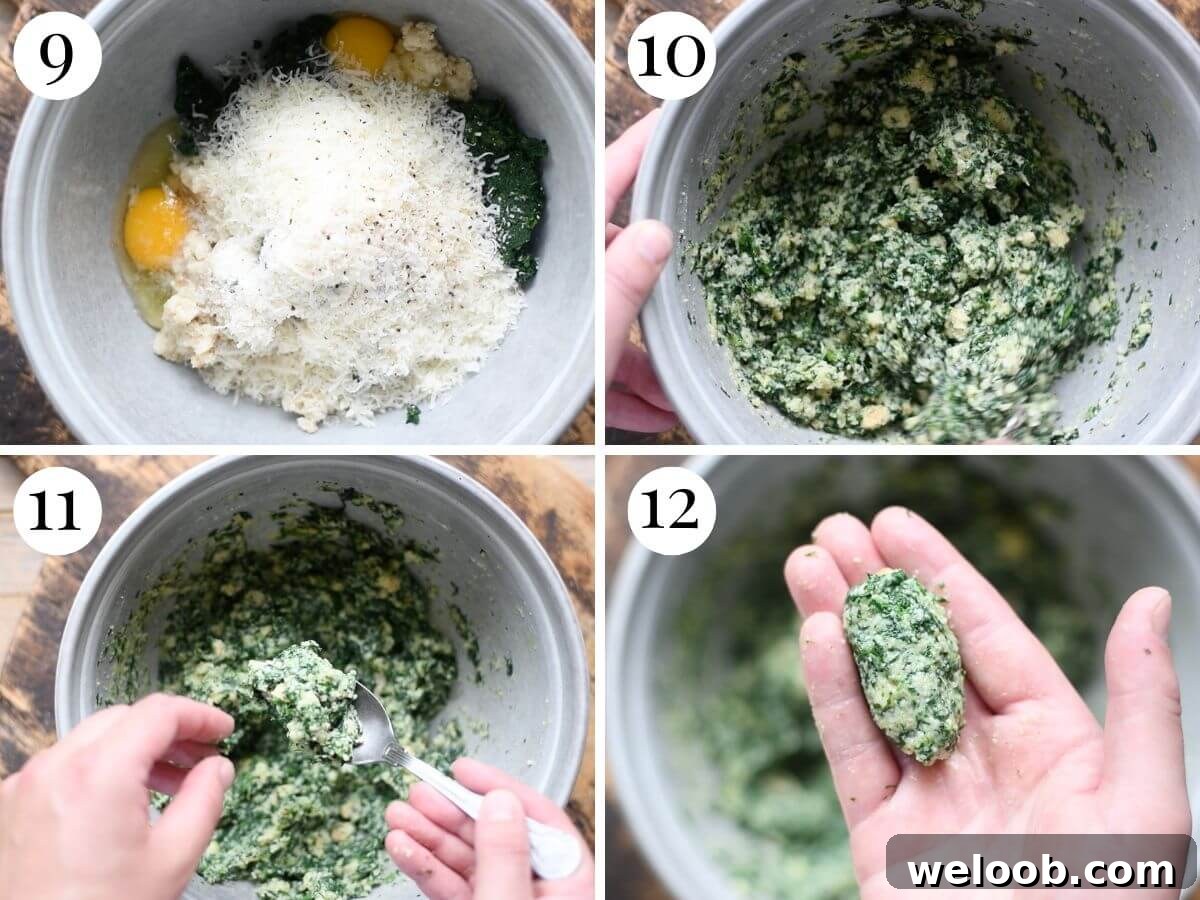 Four photos in a collage showing how to make Italian bread dumplings.