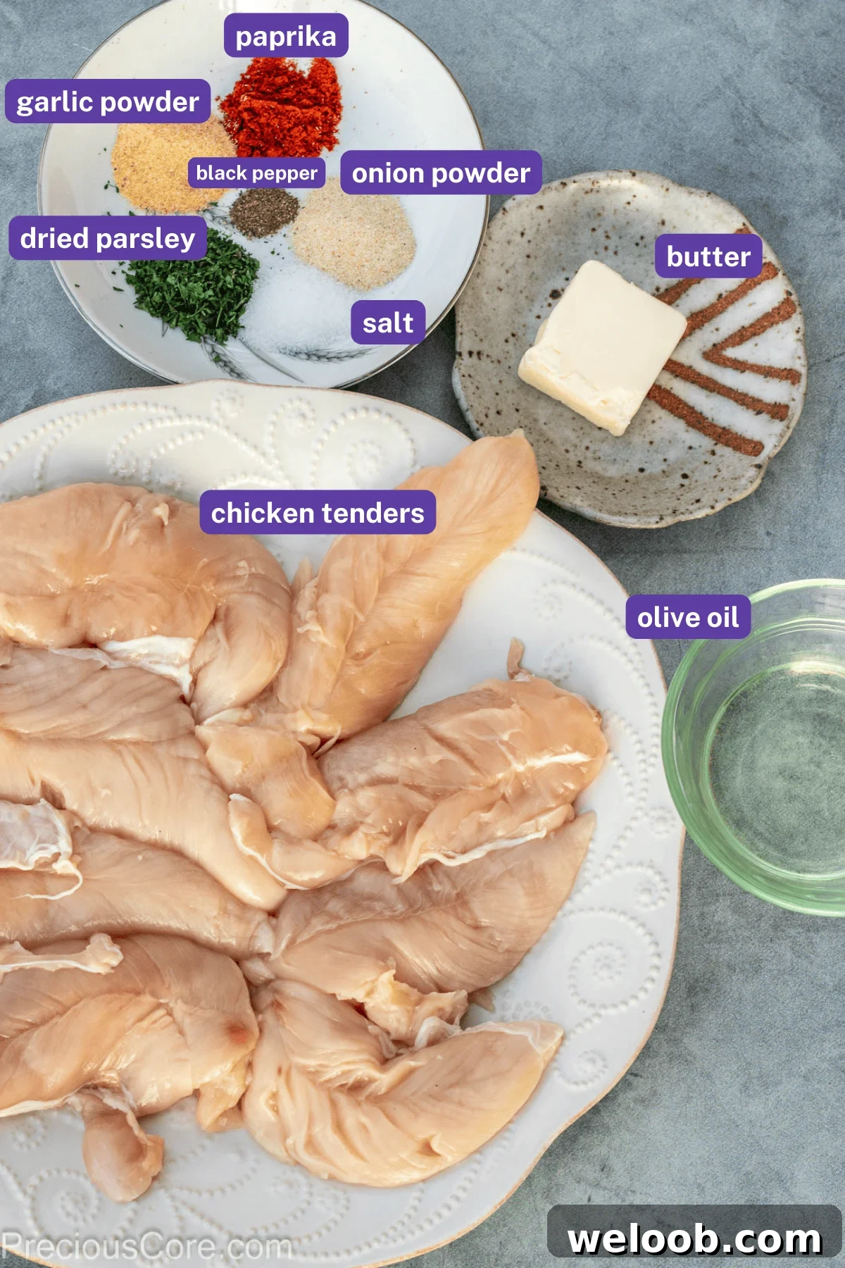 Ingredients for cooked chicken tenders with labels.